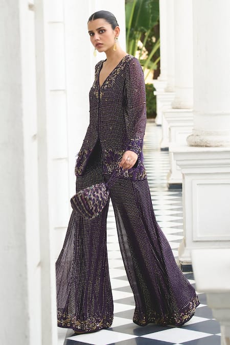 Buy_Label Sanya Gulati_Purple Muslin Beads, Sequins V-neck Mukaish Work Kurta And Flared Pant Set _Online_at_Aza_Fashions