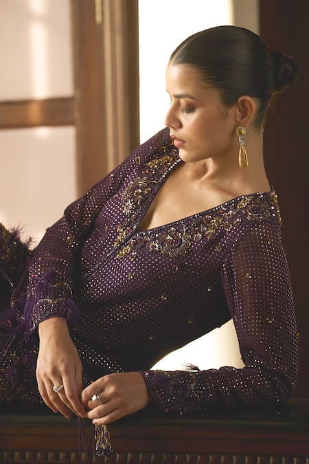 Label Sanya Gulati_Purple Muslin Beads, Sequins V-neck Mukaish Work Kurta And Flared Pant Set _at_Aza_Fashions