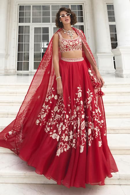 Label Sanya Gulati Red Pure Silk Organza Embroidery Resham Square Neck Floral Jaal Lehenga Set 