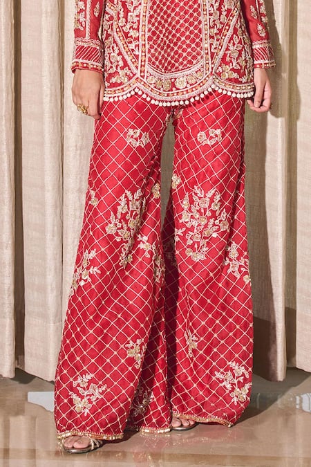 Label Sanya Gulati_Red Silk Organza Cut Work, Embroidery Round Checkered Kurta And Flared Pant Set _Online_at_Aza_Fashions