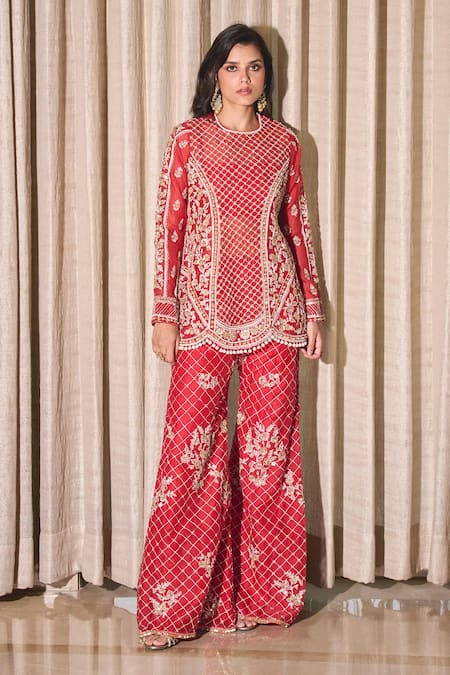 Label Sanya Gulati Checkered Embroidered Kurta & Flared Pant Set 