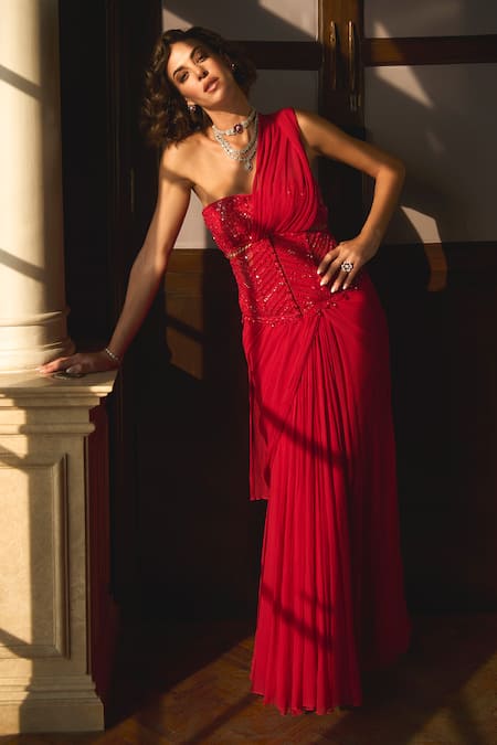 Buy Label Sanya Gulati Red Net, Chiffon, Linen Beads, Pre-stitched Saree Set With Embroidered Corset Online at Aza Fashions Buy_Label Sanya Gulati_Red Net, Chiffon, Linen Beads, Pre-stitched Saree Set With Embroidered Corset _Online_at_Aza_Fashions