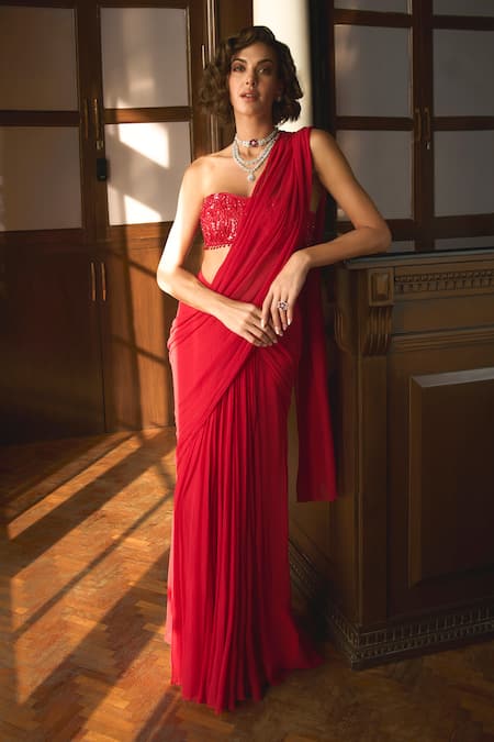 Label Sanya Gulati Red Chiffon Embroidery Sequin Sweetheart Pre-stitched Saree Set With Corset 