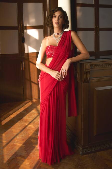 Label Sanya Gulati_Red Chiffon, Linen Sequins, Beads, Pre-stitched Saree With Embroidered Bustier _Online_at_Aza_Fashions
