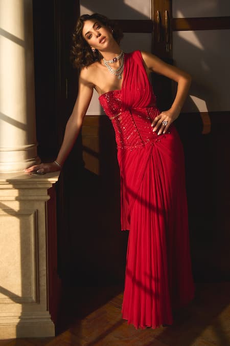 Shop_Label Sanya Gulati_Red Chiffon, Linen Sequins, Beads, Pre-stitched Saree With Embroidered Bustier _Online_at_Aza_Fashions