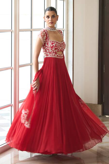 Label Sanya Gulati_Red Chiffon, Linen Embroidery, Sequins, Beads Floral Jaal Anarkali With Dupatta _Online_at_Aza_Fashions