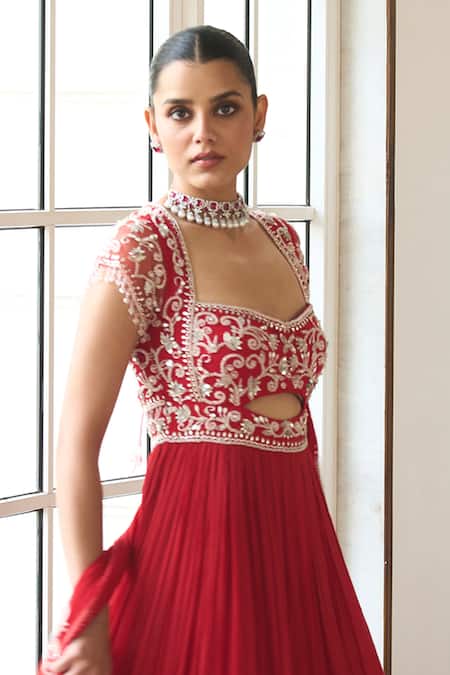 Buy_Label Sanya Gulati_Red Chiffon, Linen Embroidery, Sequins, Beads Floral Jaal Anarkali With Dupatta _Online_at_Aza_Fashions