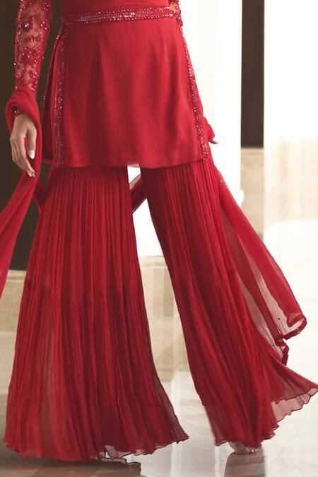 Buy_Label Sanya Gulati_Red Chiffon, Linen Sequins, Cut Work, Beads Off Shoulder Top Sharara Set _Online_at_Aza_Fashions