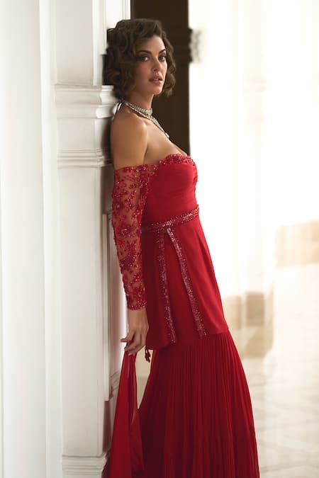 Label Sanya Gulati_Red Chiffon, Linen Sequins, Cut Work, Beads Off Shoulder Top Sharara Set _at_Aza_Fashions