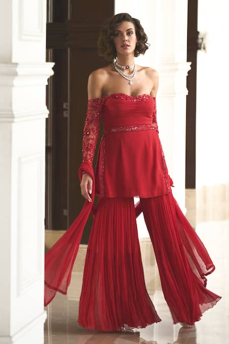 Label Sanya Gulati Red Chiffon Embroidery Sequin Sweetheart Neck Off Shoulder Top Sharara Set 