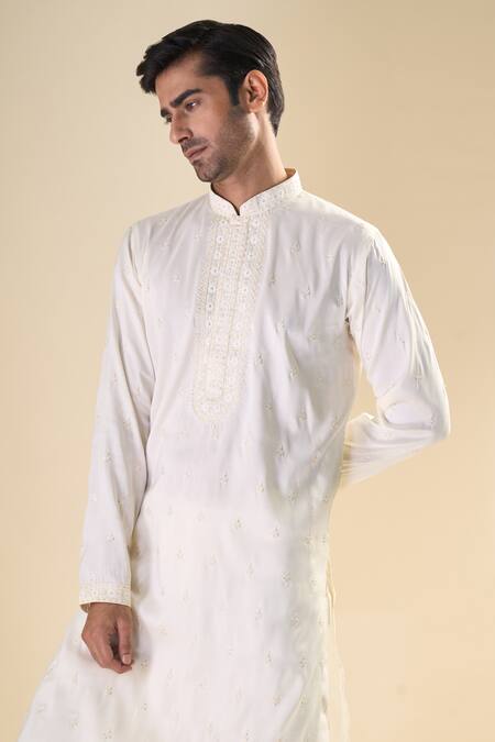 Shop Arihant Rai Sinha Cream , Satin Sequins, Embroidery Classic Kurta With Pyjama Online at Aza Fashions Shop_Arihant Rai Sinha_Cream , Satin Sequins, Embroidery Classic Kurta With Pyjama_Online_at_Aza_Fashions