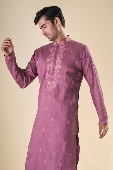Shop_Arihant Rai Sinha_Purple , Satin Sequins, Embroidery Straight Kurta With Pyjama_Online_at_Aza_Fashions