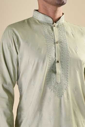 Shop_Arihant Rai Sinha_Green , Satin Sequins, Embroidery Blend Kurta With Pyjama _Online_at_Aza_Fashions