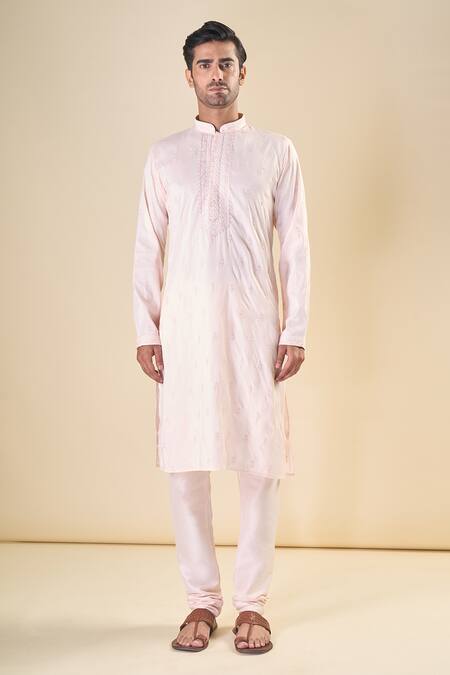 Arihant Rai Sinha_Peach , Satin Embroidery Flower Straight Kurta With Pyjama_Online_at_Aza_Fashions