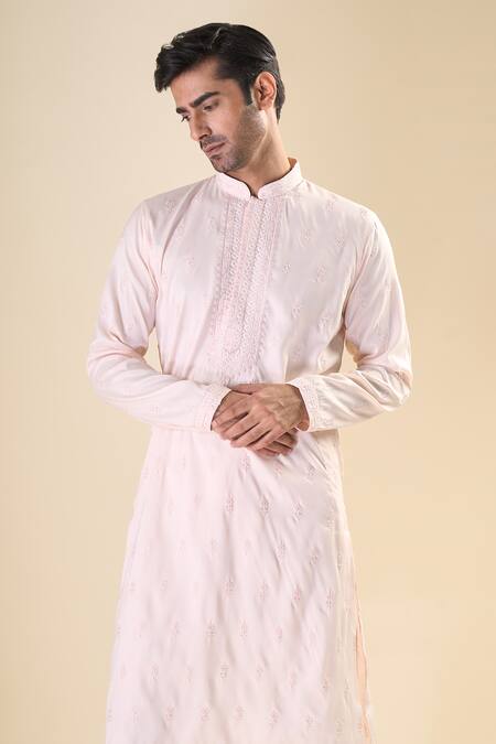 Buy_Arihant Rai Sinha_Peach , Satin Embroidery Flower Straight Kurta With Pyjama_Online_at_Aza_Fashions