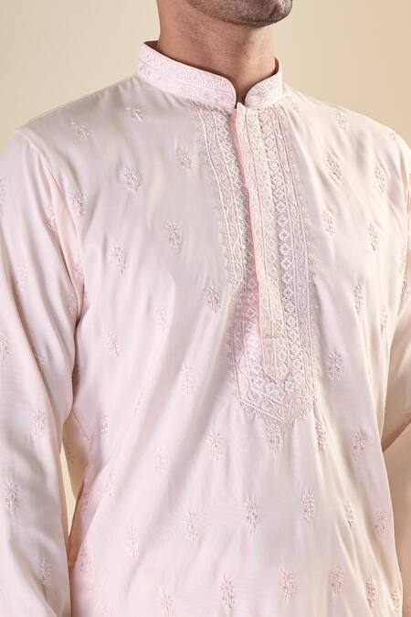 Shop_Arihant Rai Sinha_Peach , Satin Embroidery Flower Straight Kurta With Pyjama_Online_at_Aza_Fashions