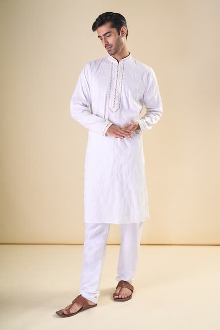 Aryavir Malhotra White Silk Blend Embroidery Thread Paisley Classic Kurta With Pyjama 