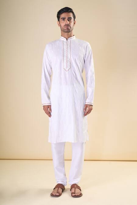 Arihant Rai Sinha_White Silk Embroidery Paisley Thread Classic Kurta With Pyjama_Online_at_Aza_Fashions