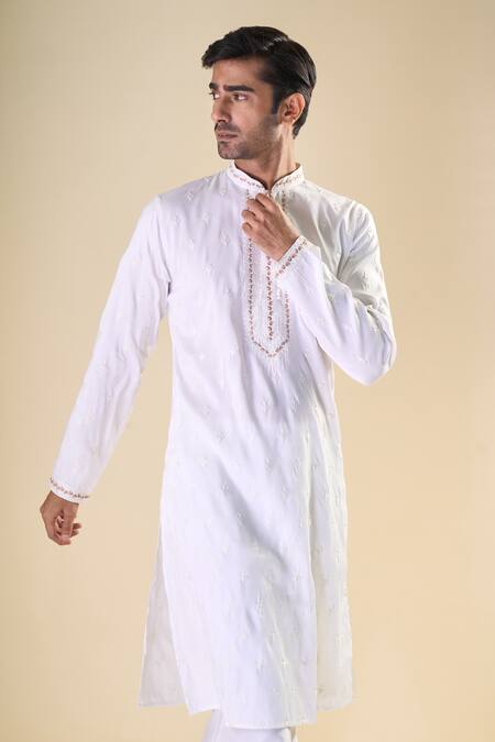 Buy_Arihant Rai Sinha_White Silk Embroidery Paisley Thread Classic Kurta With Pyjama_Online_at_Aza_Fashions