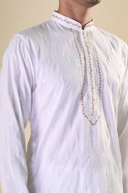 Shop_Arihant Rai Sinha_White Silk Embroidery Paisley Thread Classic Kurta With Pyjama_Online_at_Aza_Fashions