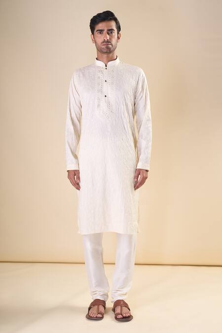 Arihant Rai Sinha_Off White , Satin Sequins, Leafy Motif Straight Kurta With Pyjama_Online_at_Aza_Fashions