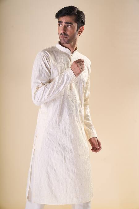 Buy_Arihant Rai Sinha_Off White , Satin Sequins, Leafy Motif Straight Kurta With Pyjama_Online_at_Aza_Fashions