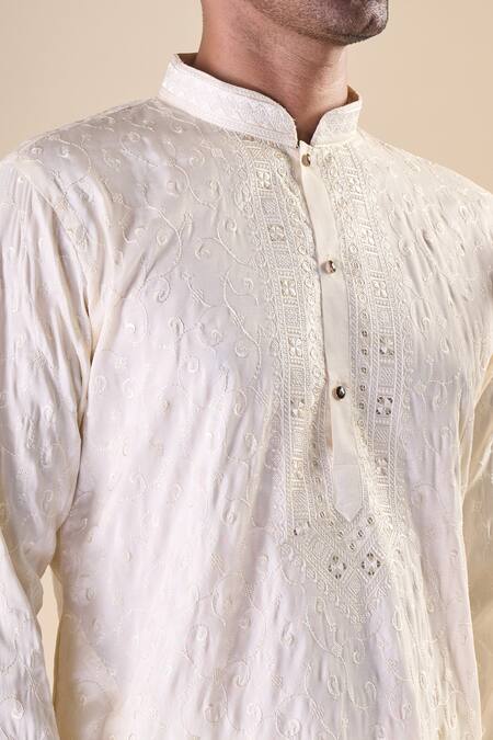 Shop_Arihant Rai Sinha_Off White , Satin Sequins, Leafy Motif Straight Kurta With Pyjama_Online_at_Aza_Fashions