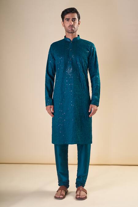 Arihant Rai Sinha_Blue Silk Sequins, Embroidery Geometric Thread Classic Kurta With Pyjama_Online_at_Aza_Fashions
