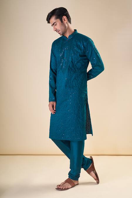 Buy_Arihant Rai Sinha_Blue Silk Sequins, Embroidery Geometric Thread Classic Kurta With Pyjama_Online_at_Aza_Fashions