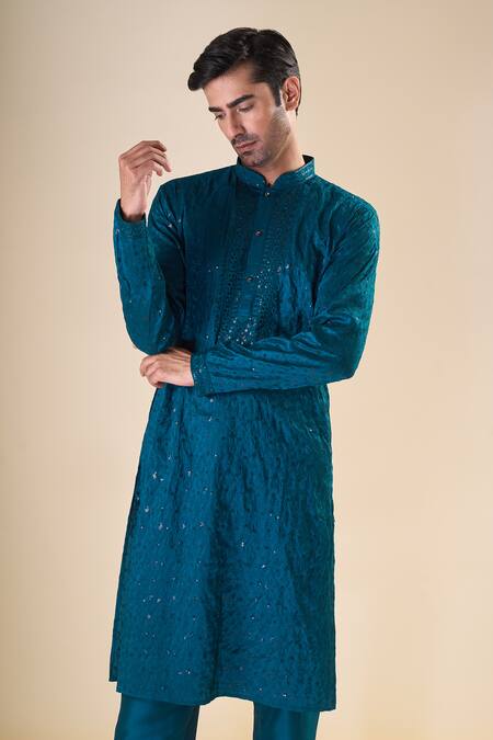 Shop_Arihant Rai Sinha_Blue Silk Sequins, Embroidery Geometric Thread Classic Kurta With Pyjama_Online_at_Aza_Fashions