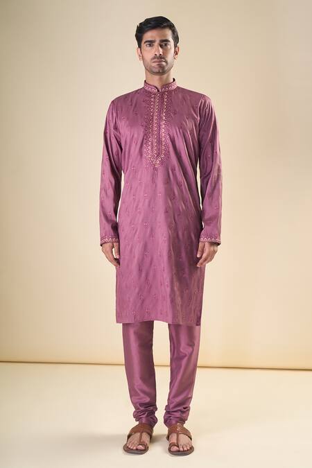 Arihant Rai Sinha_Purple Silk Sequins, Embroidery Floral Thread Classic Kurta With Pyjama _Online_at_Aza_Fashions