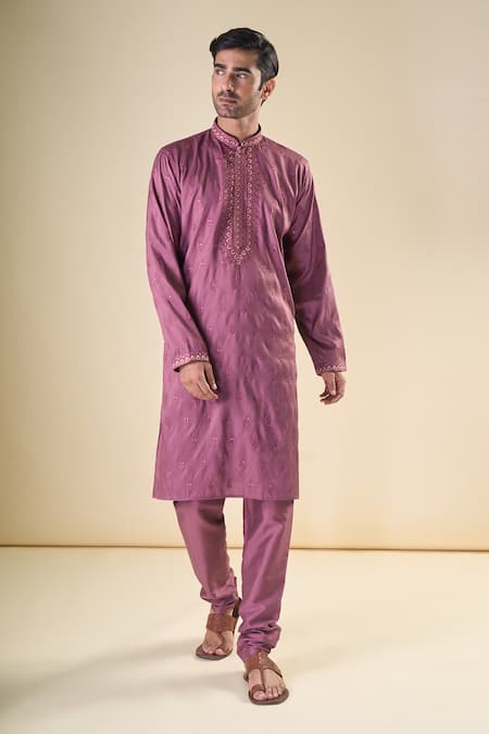 Buy_Arihant Rai Sinha_Purple Silk Sequins, Embroidery Floral Thread Classic Kurta With Pyjama _Online_at_Aza_Fashions
