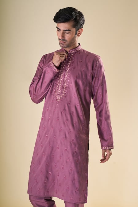 Shop_Arihant Rai Sinha_Purple Silk Sequins, Embroidery Floral Thread Classic Kurta With Pyjama _Online_at_Aza_Fashions