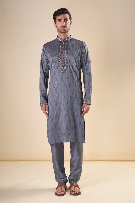 Arihant Rai Sinha Grey , Satin Sequins, Embroidery Floral Classic Kurta With Pyjama Online at Aza Fashions Arihant Rai Sinha_Grey , Satin Sequins, Embroidery Floral Classic Kurta With Pyjama_Online_at_Aza_Fashions