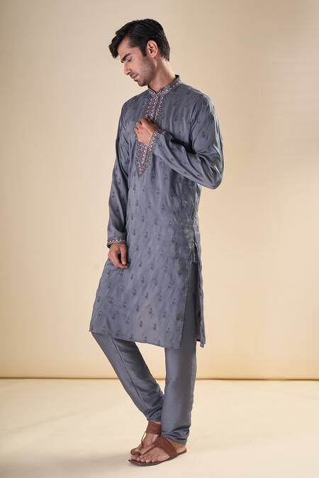 Buy Arihant Rai Sinha Grey , Satin Sequins, Embroidery Floral Classic Kurta With Pyjama Online at Aza Fashions Buy_Arihant Rai Sinha_Grey , Satin Sequins, Embroidery Floral Classic Kurta With Pyjama_Online_at_Aza_Fashions