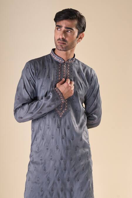 Shop Arihant Rai Sinha Grey , Satin Sequins, Embroidery Floral Classic Kurta With Pyjama Online at Aza Fashions Shop_Arihant Rai Sinha_Grey , Satin Sequins, Embroidery Floral Classic Kurta With Pyjama_Online_at_Aza_Fashions