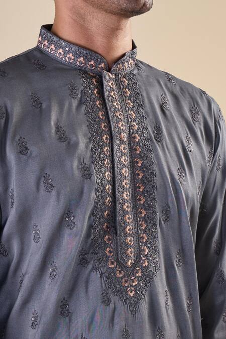 Arihant Rai Sinha Grey , Satin Sequins, Embroidery Floral Classic Kurta With Pyjama at Aza Fashions Arihant Rai Sinha_Grey , Satin Sequins, Embroidery Floral Classic Kurta With Pyjama_at_Aza_Fashions