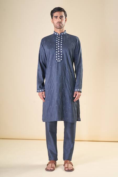 Arihant Rai Sinha_Black , Satin Embroidery, Sequins Floral Yoke Kurta With Pyjama_Online_at_Aza_Fashions