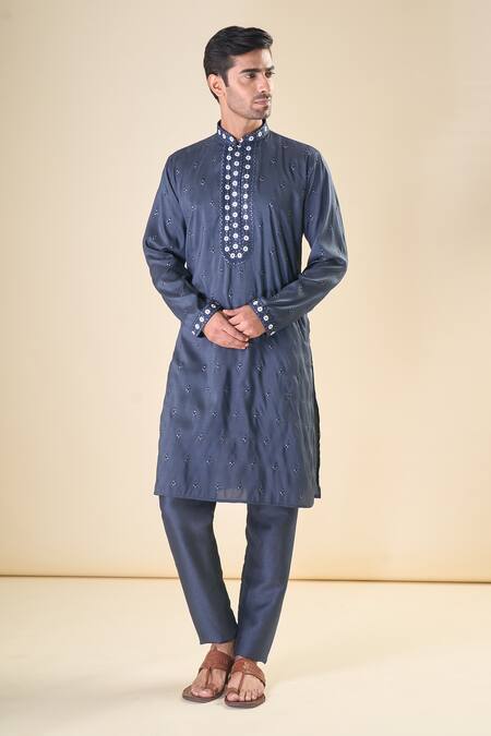 Buy_Arihant Rai Sinha_Black , Satin Embroidery, Sequins Floral Yoke Kurta With Pyjama_Online_at_Aza_Fashions