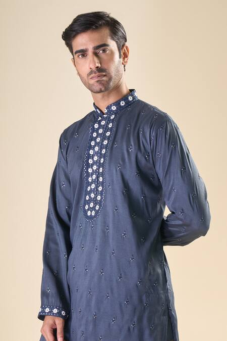 Shop_Arihant Rai Sinha_Black , Satin Embroidery, Sequins Floral Yoke Kurta With Pyjama_Online_at_Aza_Fashions