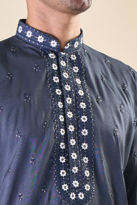 Arihant Rai Sinha_Black , Satin Embroidery, Sequins Floral Yoke Kurta With Pyjama_at_Aza_Fashions