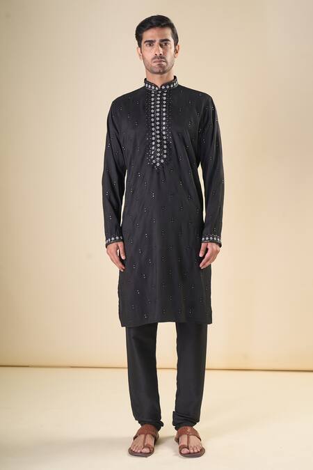 Buy_Arihant Rai Sinha_Black , Satin Sequins, Embroidery Floral Straight Kurta With Pyjama_Online_at_Aza_Fashions