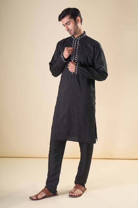Shop_Arihant Rai Sinha_Black , Satin Sequins, Embroidery Floral Straight Kurta With Pyjama_Online_at_Aza_Fashions