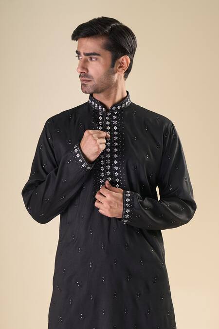Arihant Rai Sinha_Black , Satin Sequins, Embroidery Floral Straight Kurta With Pyjama_at_Aza_Fashions