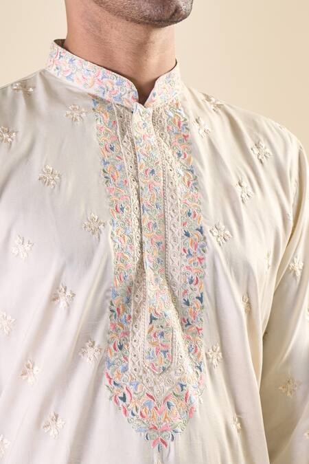 Arihant Rai Sinha_Beige , Satin Embroidery Leaf Motif Classic Kurta With Pyjama_Online_at_Aza_Fashions