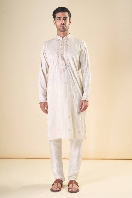 Buy_Arihant Rai Sinha_Beige , Satin Embroidery Leaf Motif Classic Kurta With Pyjama_Online_at_Aza_Fashions
