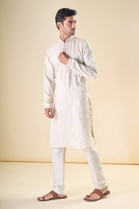 Shop_Arihant Rai Sinha_Beige , Satin Embroidery Leaf Motif Classic Kurta With Pyjama_Online_at_Aza_Fashions