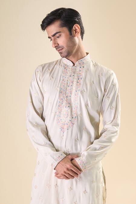 Arihant Rai Sinha_Beige , Satin Embroidery Leaf Motif Classic Kurta With Pyjama_at_Aza_Fashions