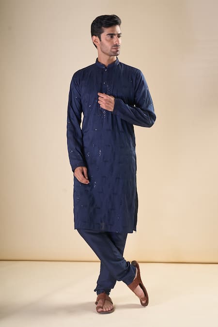Shop_Arihant Rai Sinha_Blue , Satin Sequins, Embroidery Ditsy Classic Kurta With Pyjama _Online_at_Aza_Fashions