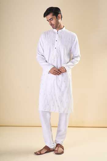 Arihant Rai Sinha White Silk Sequins, Embroidery Geometric Straight Kurta With Pyjama 1